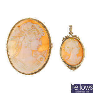 A 9ct gold cameo pendant and brooch.