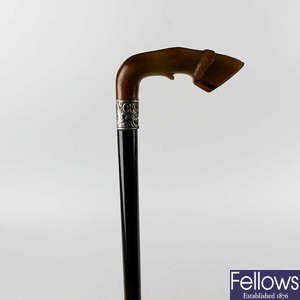 A late Victorian silver-mounted horn-handled treen walking stick or cane