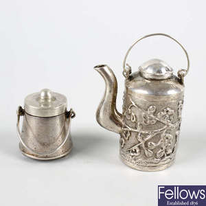 Two Chinese trade silver or white metal miniature items