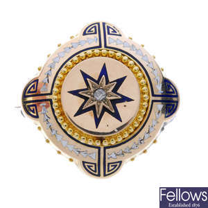 A late Victorian gold enamel and diamond memorial brooch.