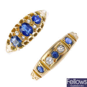 Two early 20th century 18ct gold diamond and sapphire dress rings.