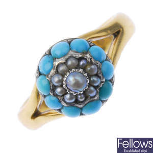 A late Victorian 22ct gold split pearl and turquoise cluster ring, circa 1870.