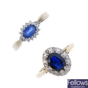 Two gold, sapphire and diamond cluster rings. 
