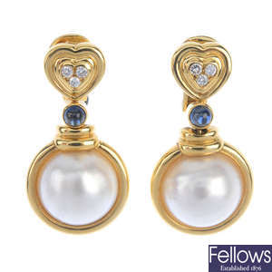 A pair of 18ct gold mabe pearl, diamond and sapphire ear pendants.