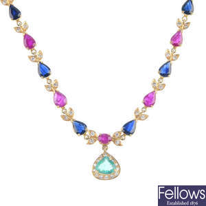 A multi-gem and diamond necklace.