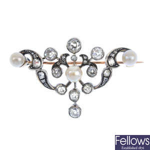  A late 19th century silver and gold diamond and cultured pearl brooch. 