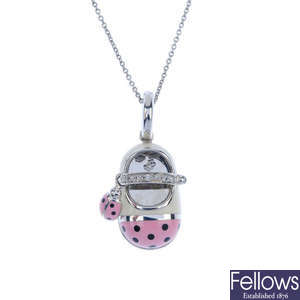 AARON BASHA - an enamel 'ladybug' and diamond baby shoe pendant, with chain.