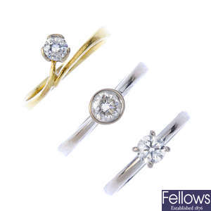 A selection of three 18ct gold diamond rings. 