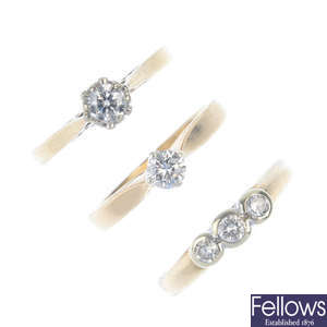 A selection of five 9ct gold diamond dress rings.