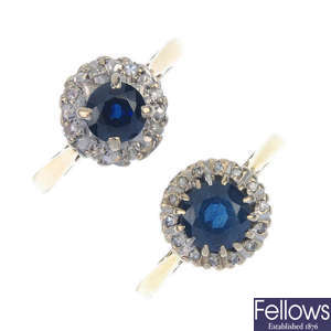 Two mid 20th century 18ct gold sapphire and diamond cluster rings.