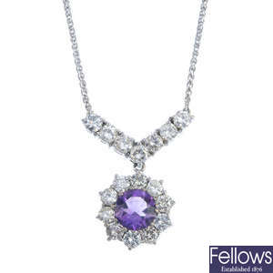 An 18ct gold amethyst and diamond necklace.