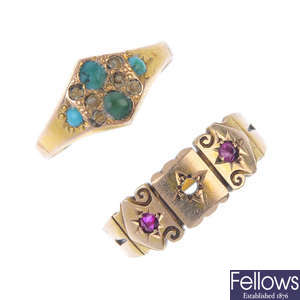 A selection of five late 19th to early 20th century gem-set rings.