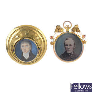 A gold portrait miniature brooch and locket.