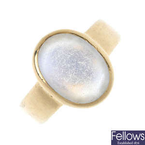 A mid 20th century 18ct gold moonstone ring.