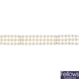 A cultured pearl three-row bracelet. 