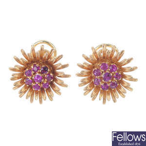 A pair of ruby floral ear studs. 