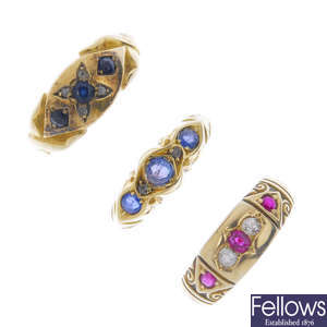 A selection of three late 19th to early 20th century gold, diamond and gem-set rings.