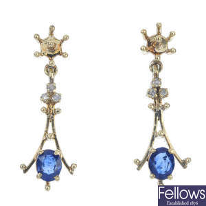 Two pairs of sapphire and diamond earrings. 