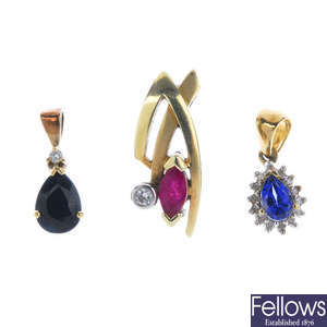 A selection of diamond and gem-set pendants and earrings. 
