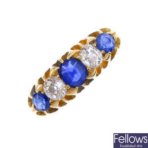 A late Victorian 18ct gold sapphire and diamond five-stone ring. 