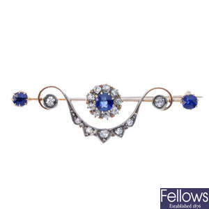 An early 20th century gold and silver sapphire and diamond bar brooch.