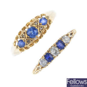 Two early 20th century 18ct gold sapphire and diamond rings. 