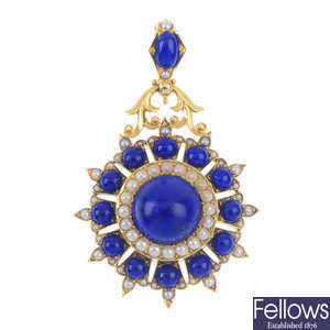 A late 19th century 18ct gold lapis lazuli and seed pearl pendant. 