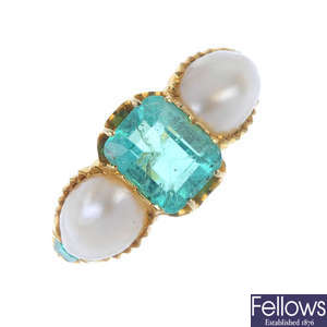 An emerald and split-pearl dress ring.