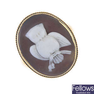 A late 19th century 15ct gold shell cameo ring. 