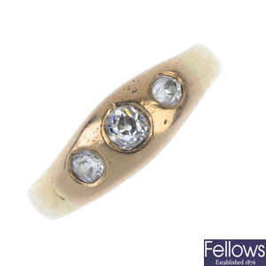 An early 20th century 18ct gold diamond three stone ring.