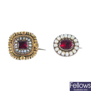 A collection of two mid to late 19th century garnet brooches and a pendant. 