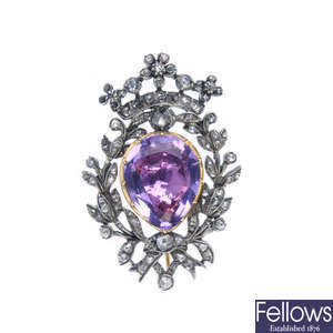 A mid 19th century silver and gold foil-back amethyst and diamond brooch.