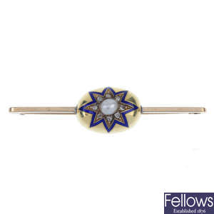 A late Victorian gold pearl, diamond and enamel star bar brooch.