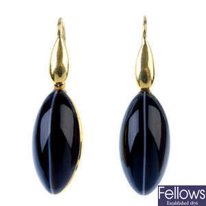 A pair of late 19th century gold agate ear pendants.