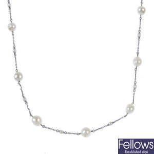 An early 20th century platinum pearl and seed pearl necklace. 