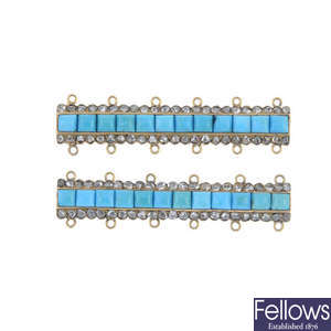 Two late 19th century gold turquoise and diamond clasps. 