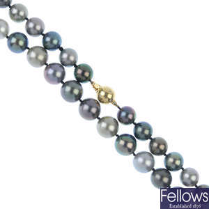 A cultured pearl single-strand necklace, with 18ct gold diamond clasp. 