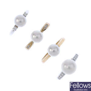 An 18ct gold cultured pearl and diamond ring, together with three 9ct gold cultured pearl rings. 
