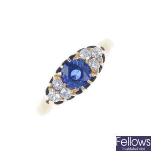 A late 19th century gold sapphire and diamond dress ring.
