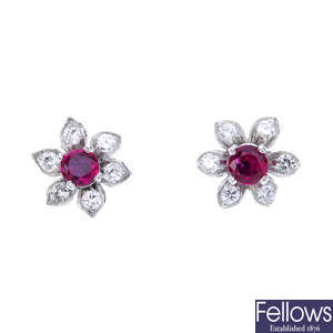 A pair of ruby and diamond floral ear studs. 
