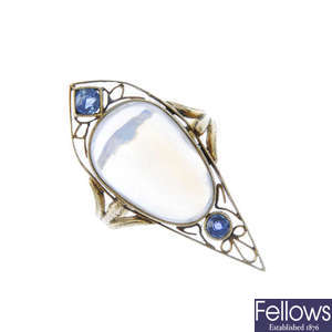 An early 20th century 14ct gold moonstone and sapphire dress ring.