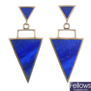 A pair of 1980s 9ct gold lapis lazuli ear pendants.