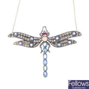 A diamond and gem-set dragonfly necklace.