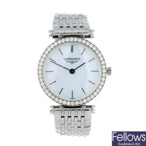 LONGINES - a lady's stainless steel La Grande Classique bracelet watch.