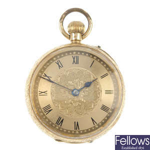 A late 19th century 18ct gold open face pocket watch.
