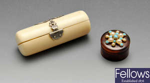 A turn of the century ivory cased small scent bottle, etc.
