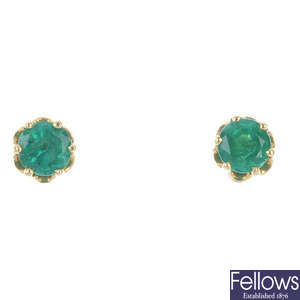 A pair of 18ct gold circular-shape emerald ear-studs.