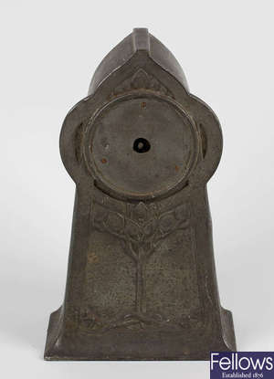 A Arts & Crafts pewter clock - probably David Veazey/Veasey for Liberty & Co.