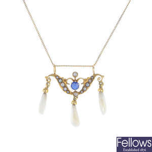 An early 20th century 14ct gold paste, split pearl and freshwater pearl pendant.