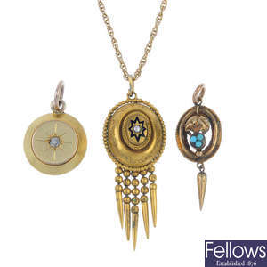 A selection of three late 19th century gem-set and diamond pendants. 